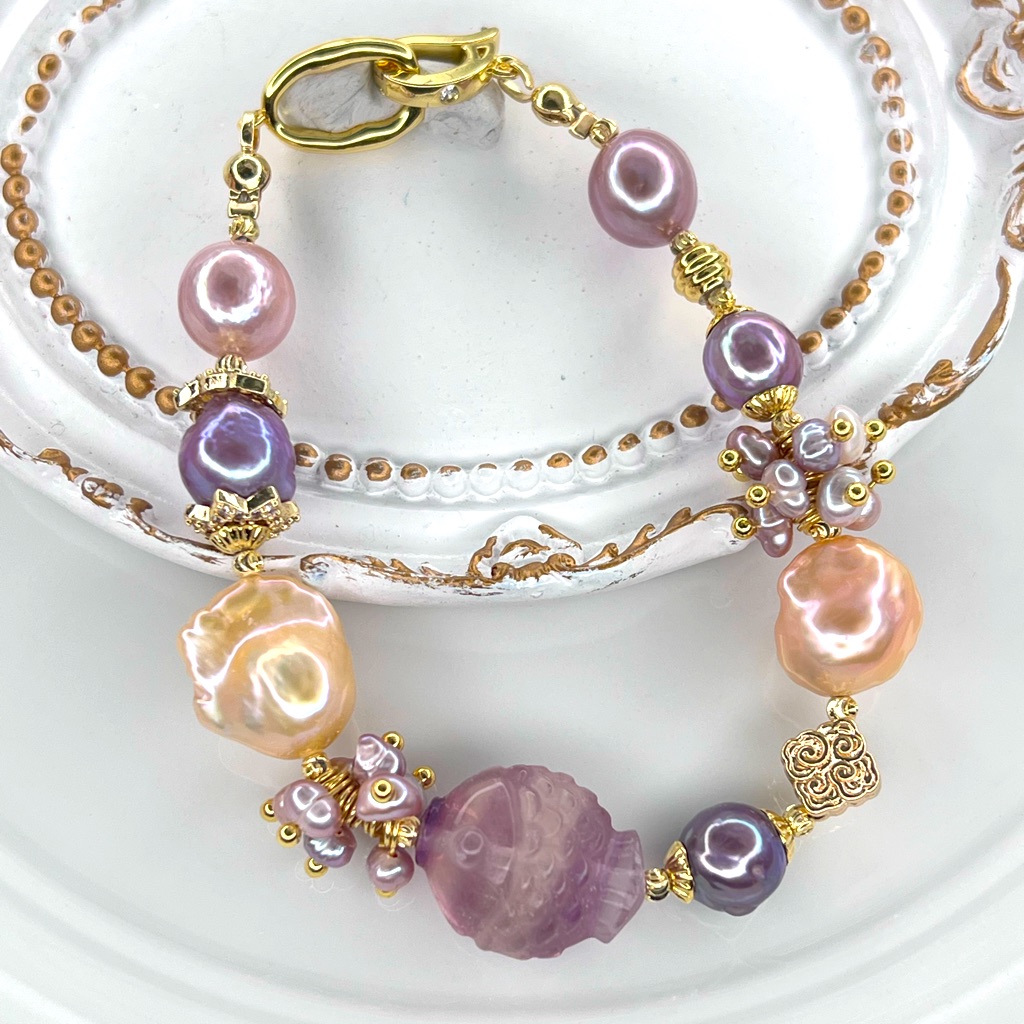 Handmade Freshwater Pearl Mini Flameball Pearl Fluorite Gemstone Bracelet